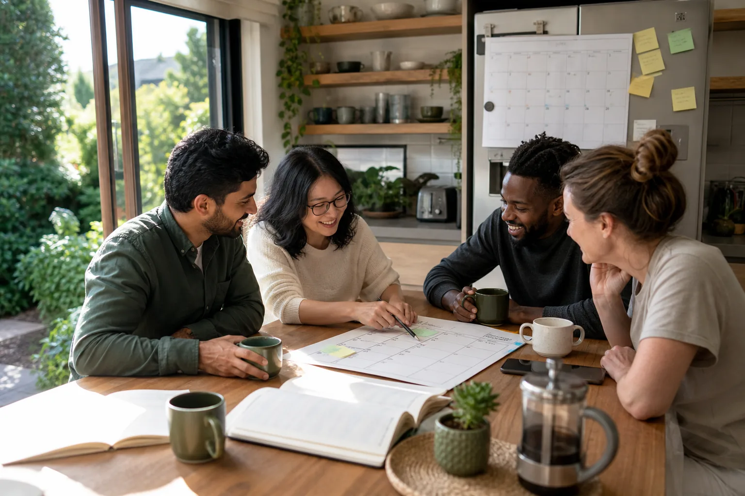 Group of friends planning finances with a calendar in a sunny Canadian kitchen.