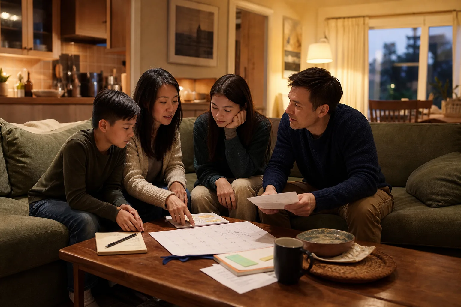 Canadian family planning weekly budget in their living room.