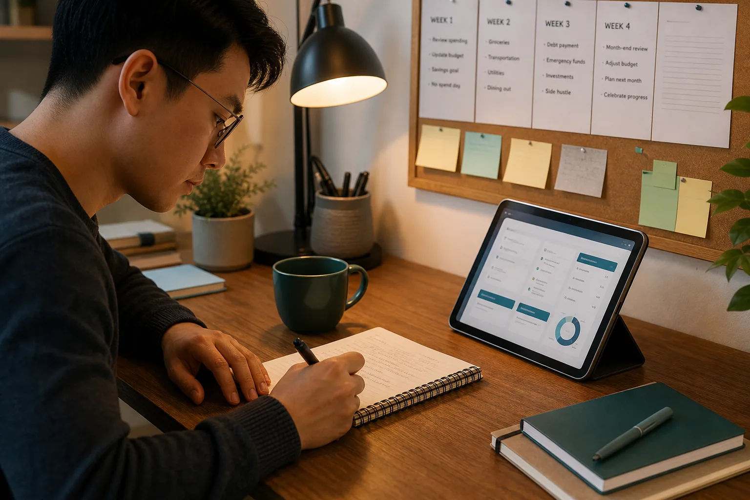 Jeune professionnel planifiant ses finances dans un coin d'étude confortable.