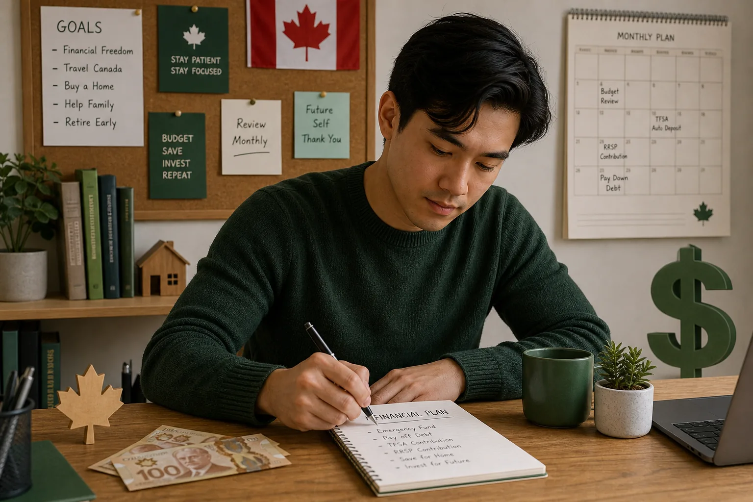 Young adult planning finances in home office with notepad and calendar.