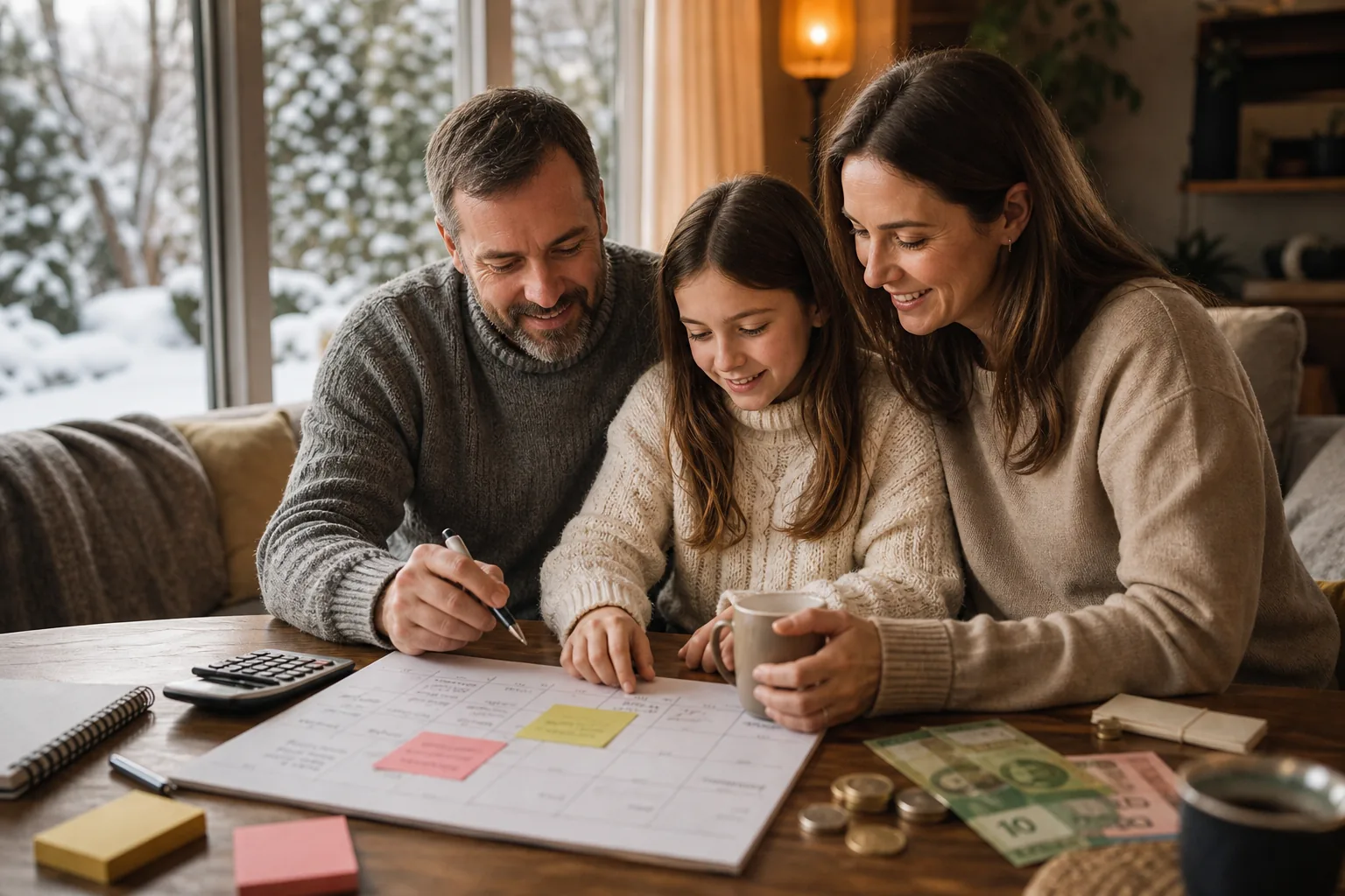 Family planning finances with calendar and notes.