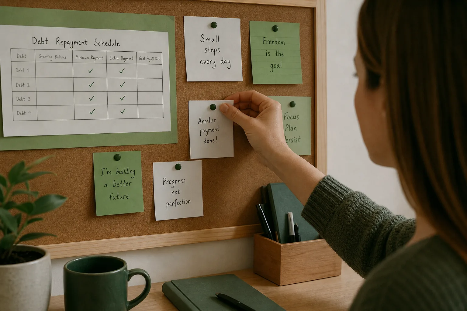 Person updating a debt repayment schedule on a home office bulletin board.
