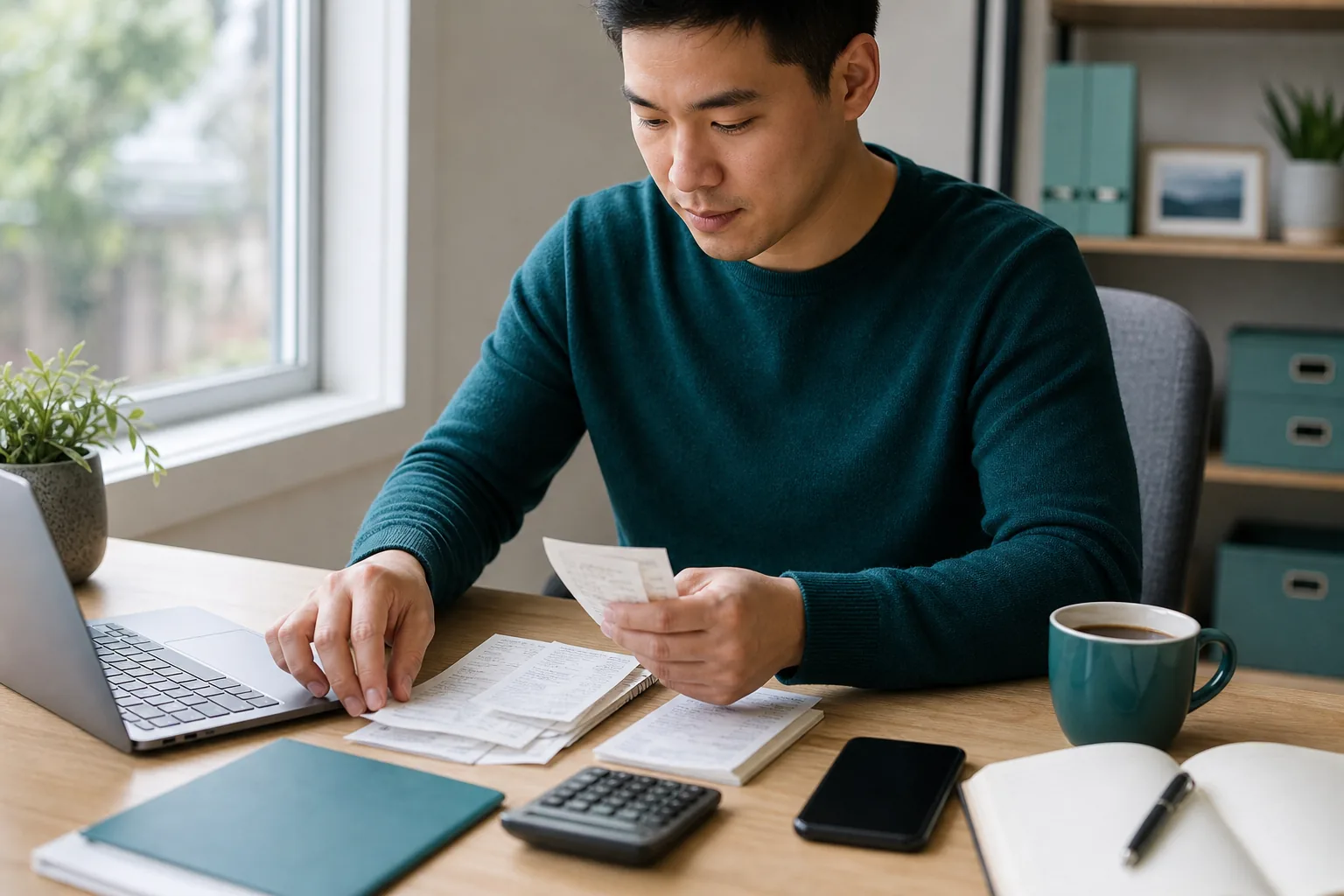 Young professional organizing receipts and planning budget in home office.