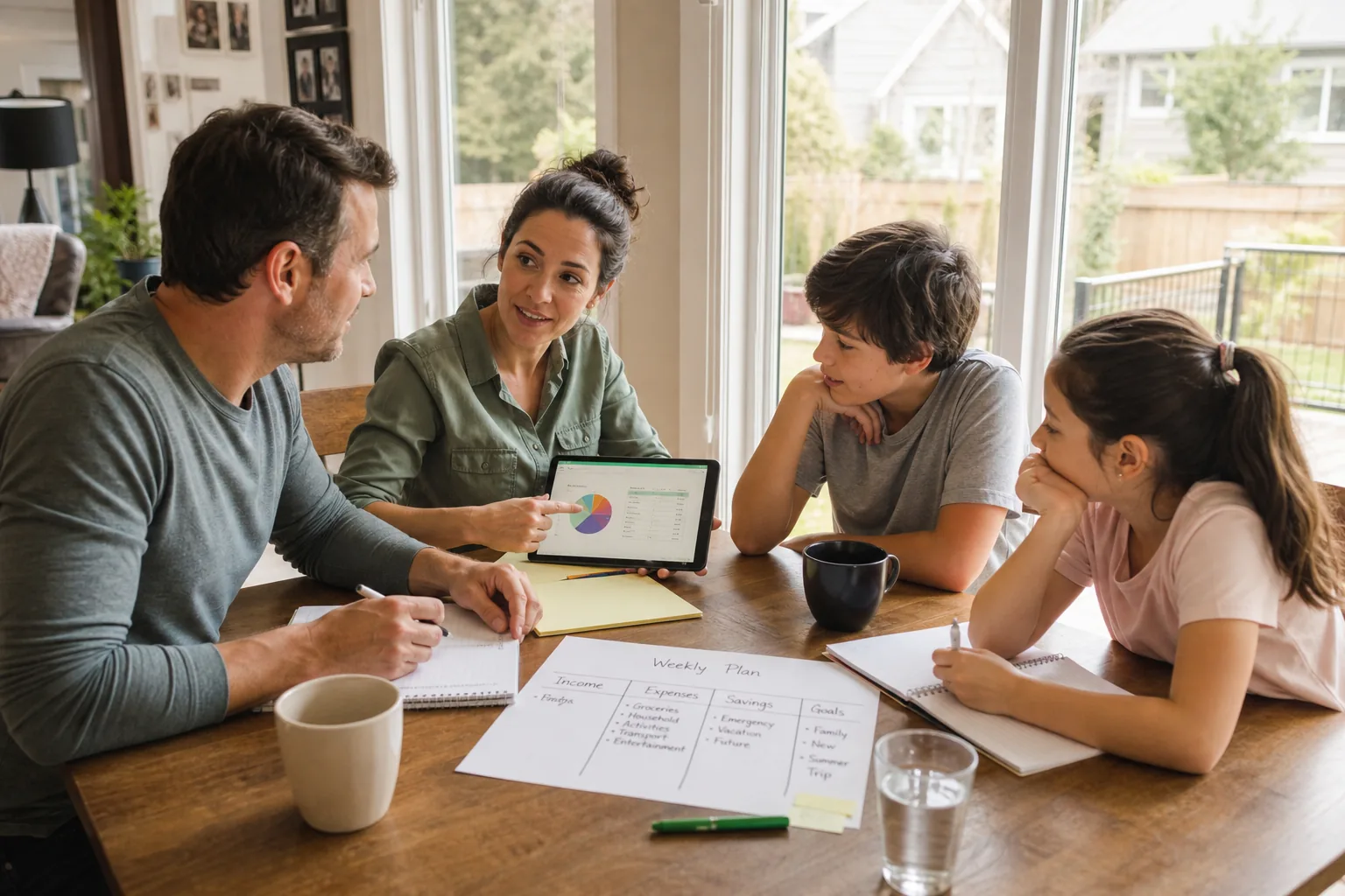 Famille canadienne discutant des plans de dépenses hebdomadaires à la maison.