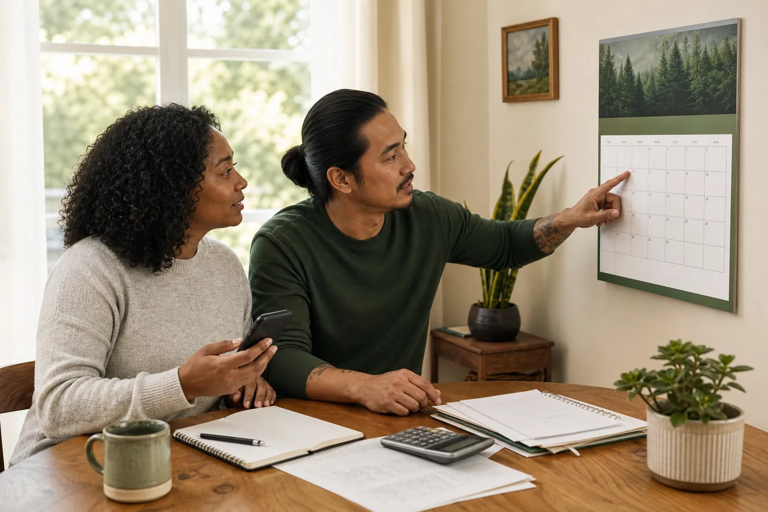 Canadian couple planning financial goals with calendar and phone.