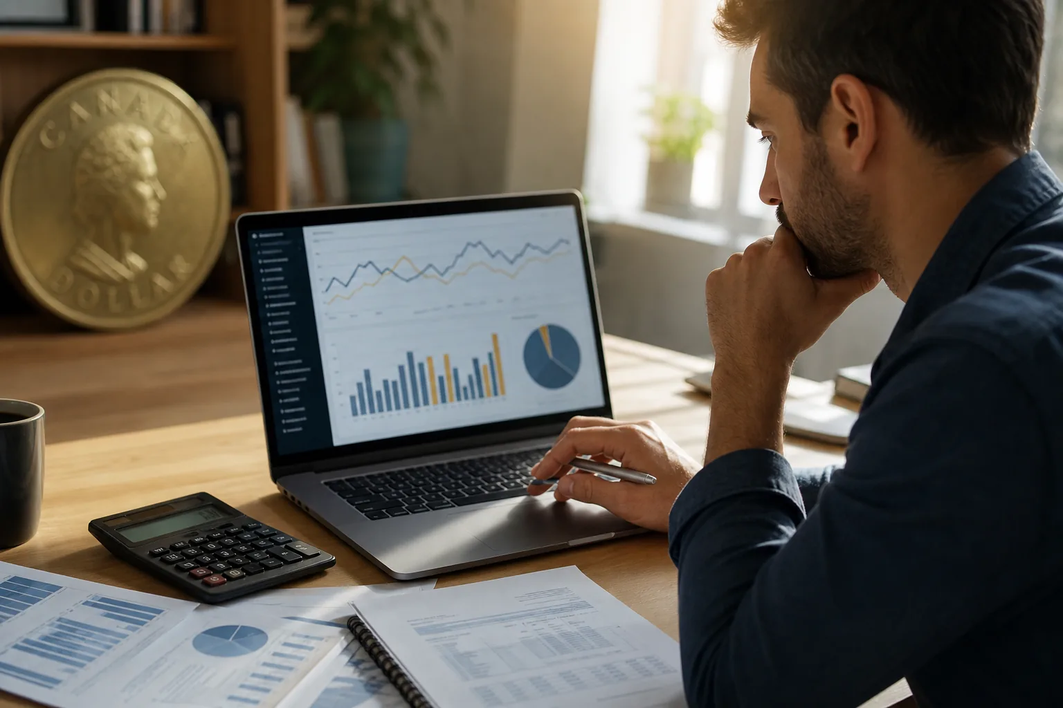 Young professional analyzing financial charts in a home office.
