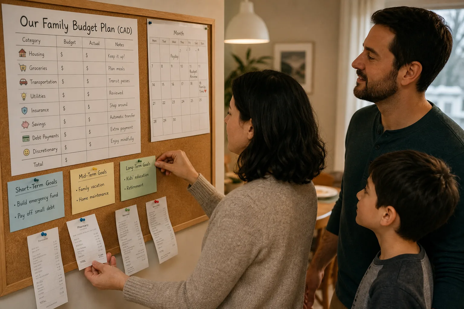 Membre de la famille ajoutant un reçu de pharmacie au tableau de budget.