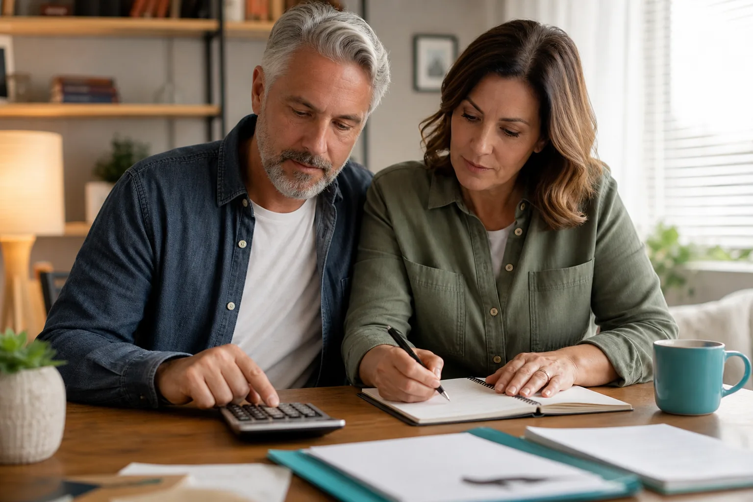 Canadian couple calculating budget in a home office.
