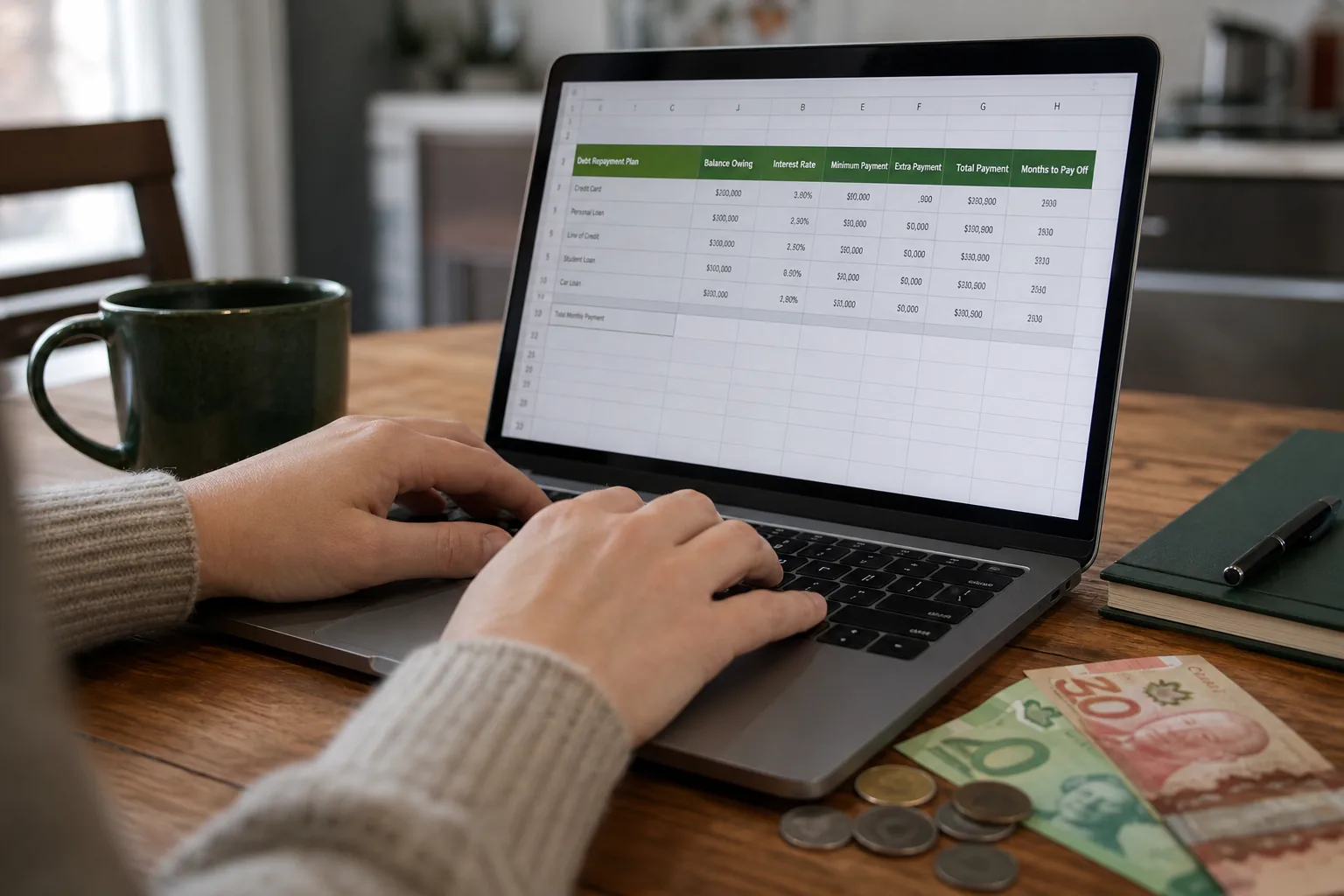 Hands typing on a laptop with a financial plan, Canadian currency on table.