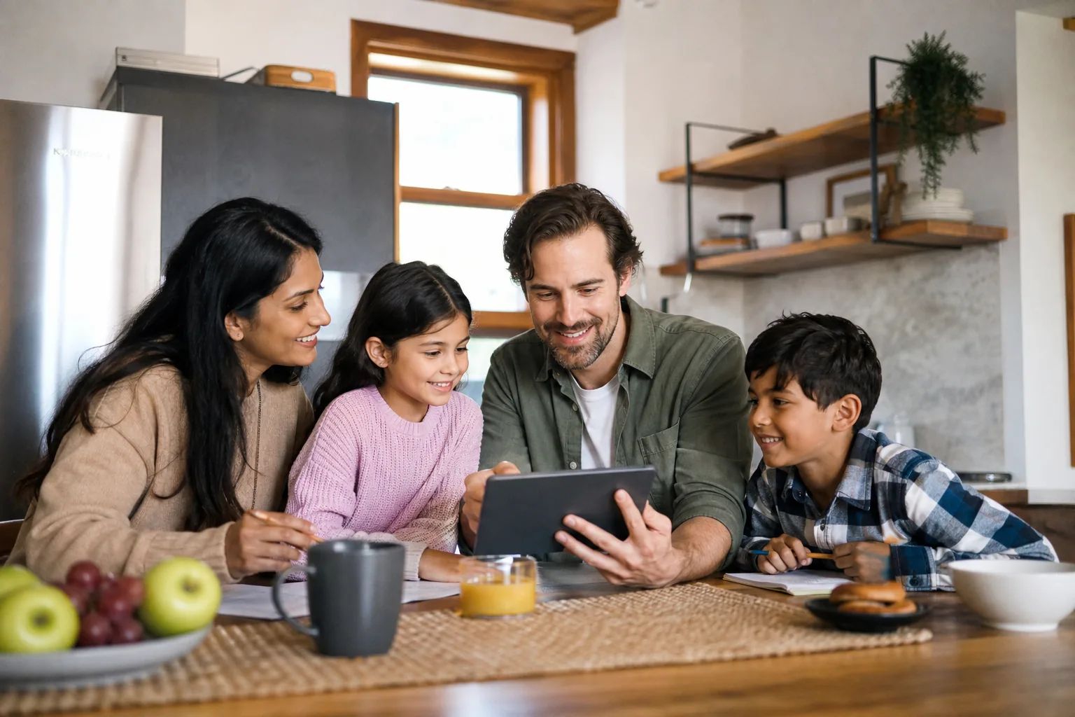 Famille canadienne discutant des finances pendant le petit-déjeuner dans une cuisine chaleureuse