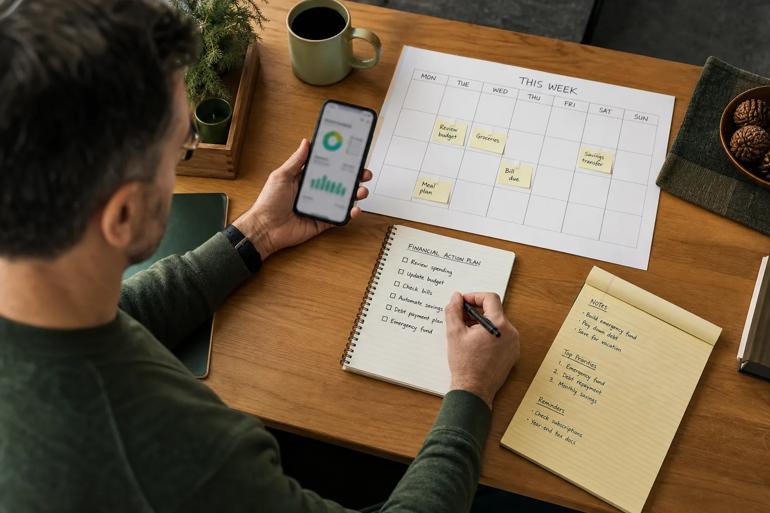 Canadian man organizing weekly financial plan at home office desk.
