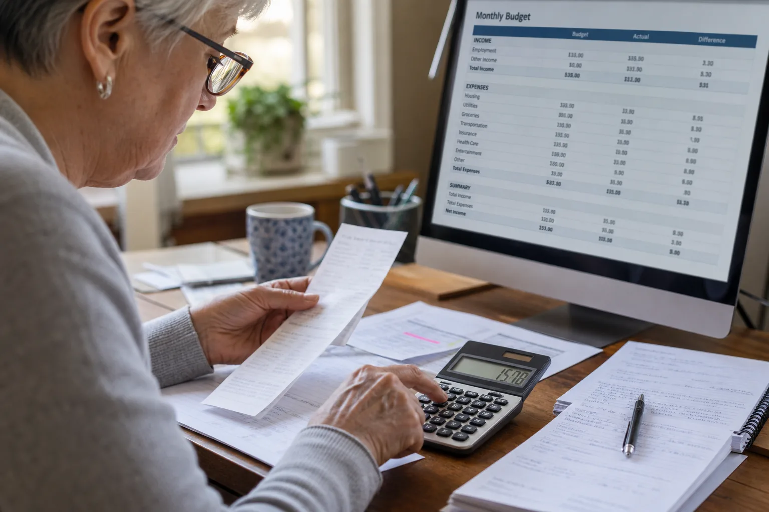 Adulte canadien plus âgé examinant un budget et des reçus.