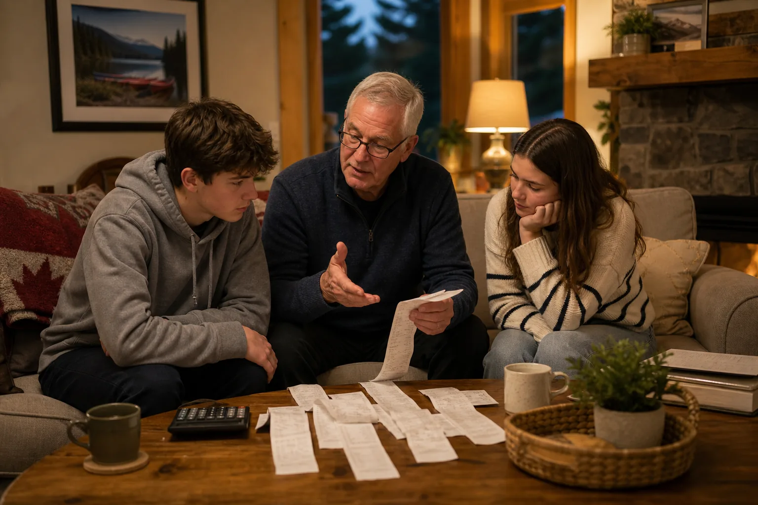 Elderly man explaining receipts to teenagers in a Canadian living room.