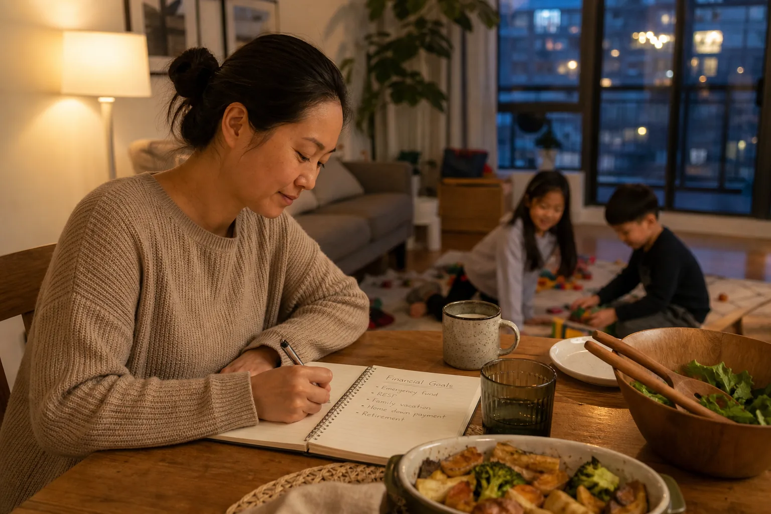Canadian parent writing financial goals at the dining table.