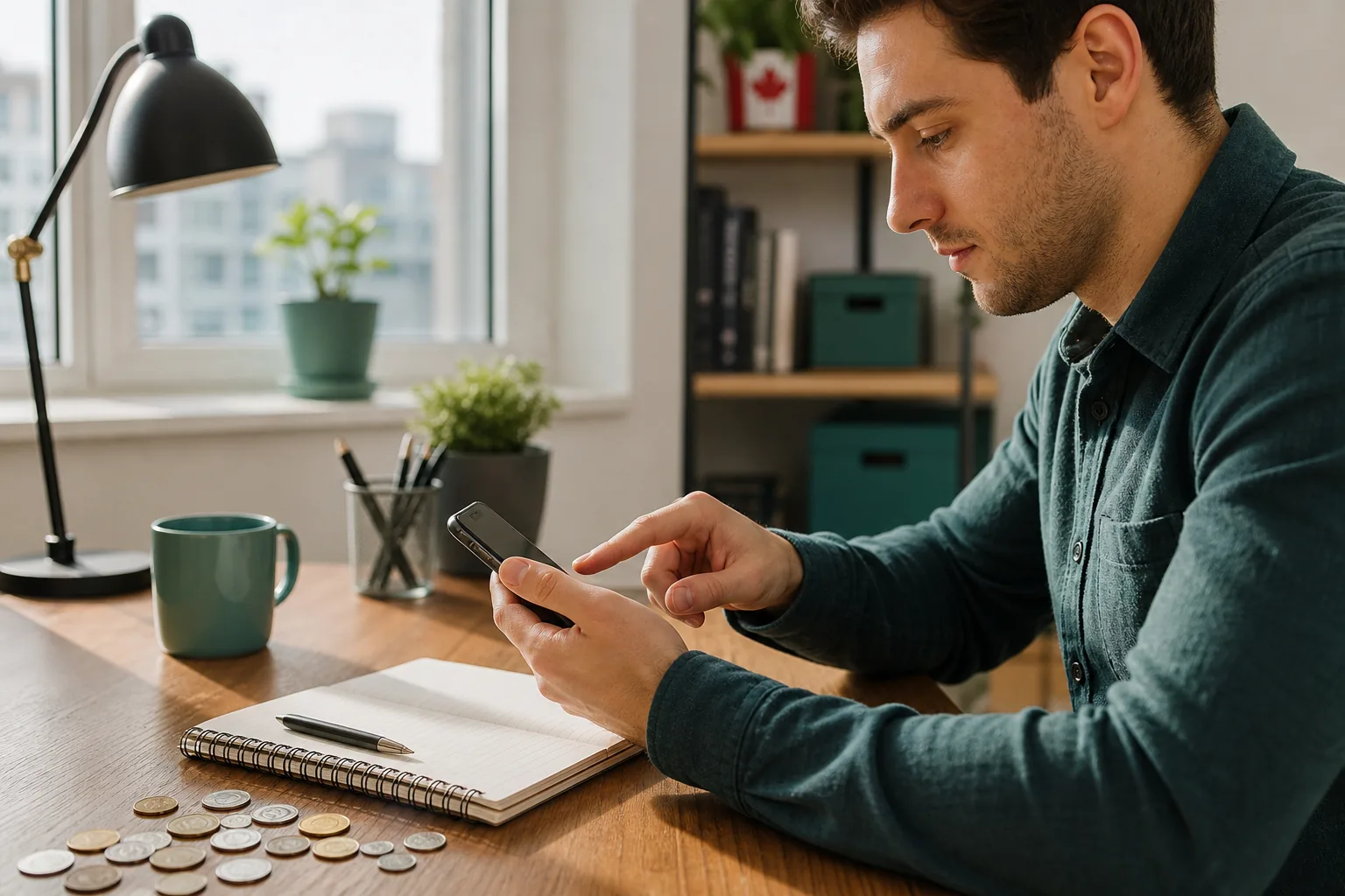 Young Canadian man using budgeting app in home office.