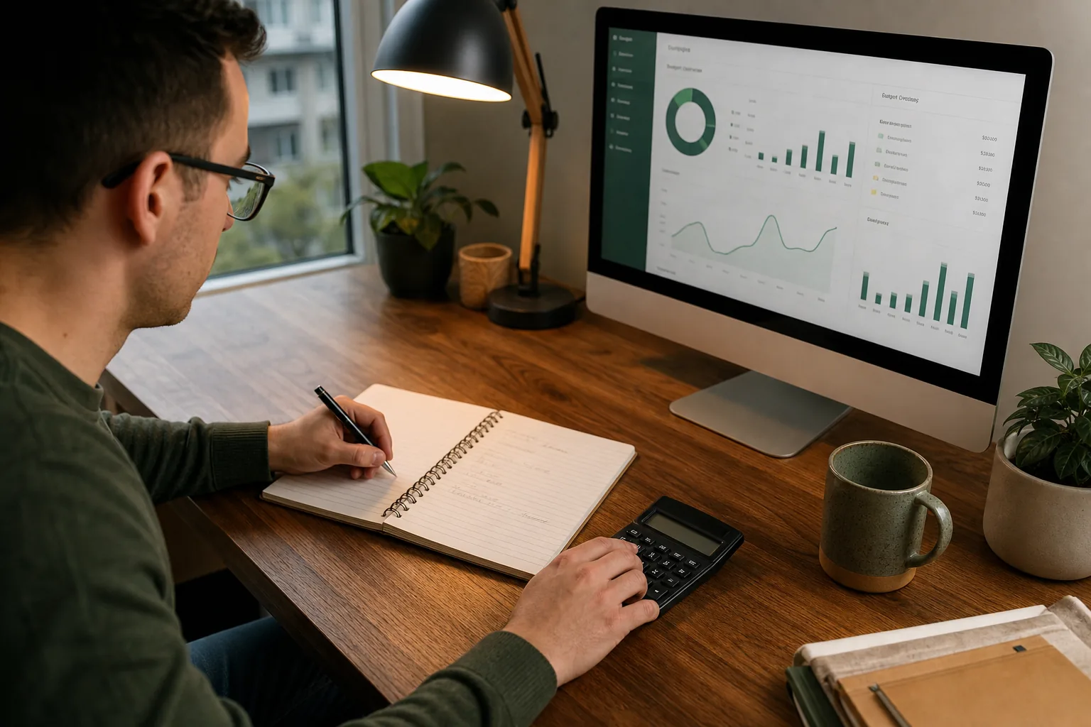 Man uses calculator and notes to manage budget app on his computer in Canada.