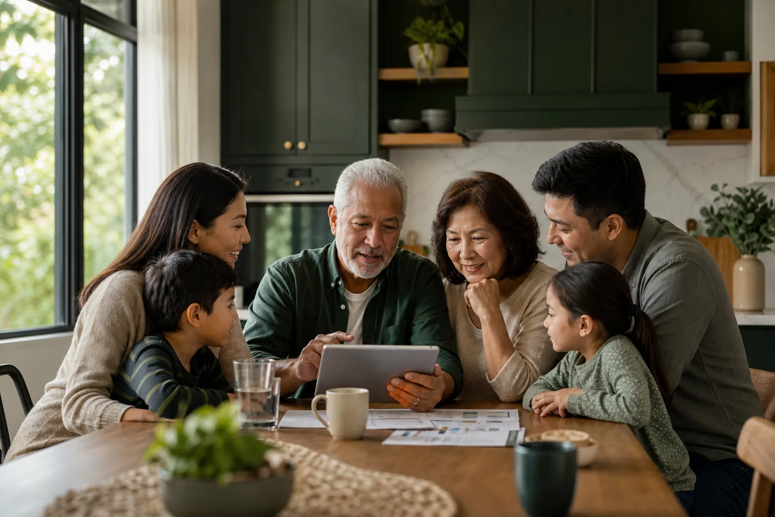 Diverse Canadian family discussing finances at kitchen table.