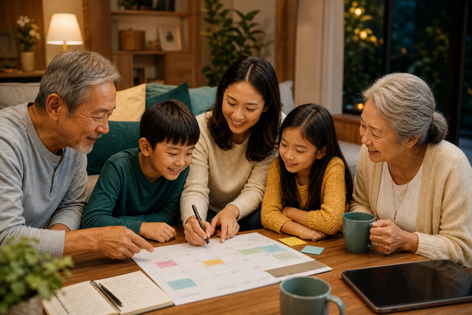 Famille planifiant des actions financières avec un calendrier et des notes.