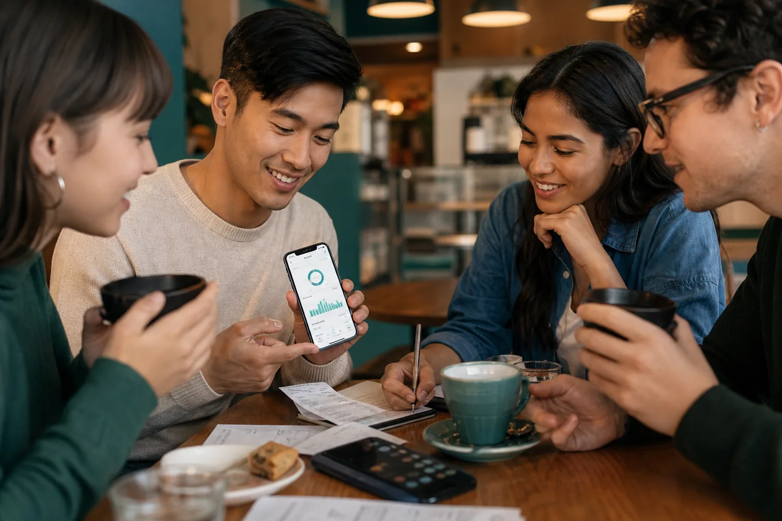 Friends in a Canadian cafe sharing financial tips using budgeting apps.