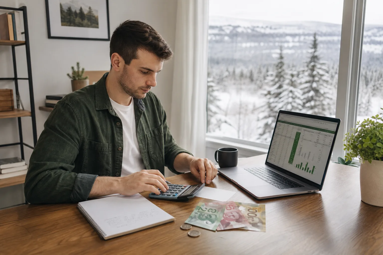 Canadian using calculator and spreadsheet for budgeting.