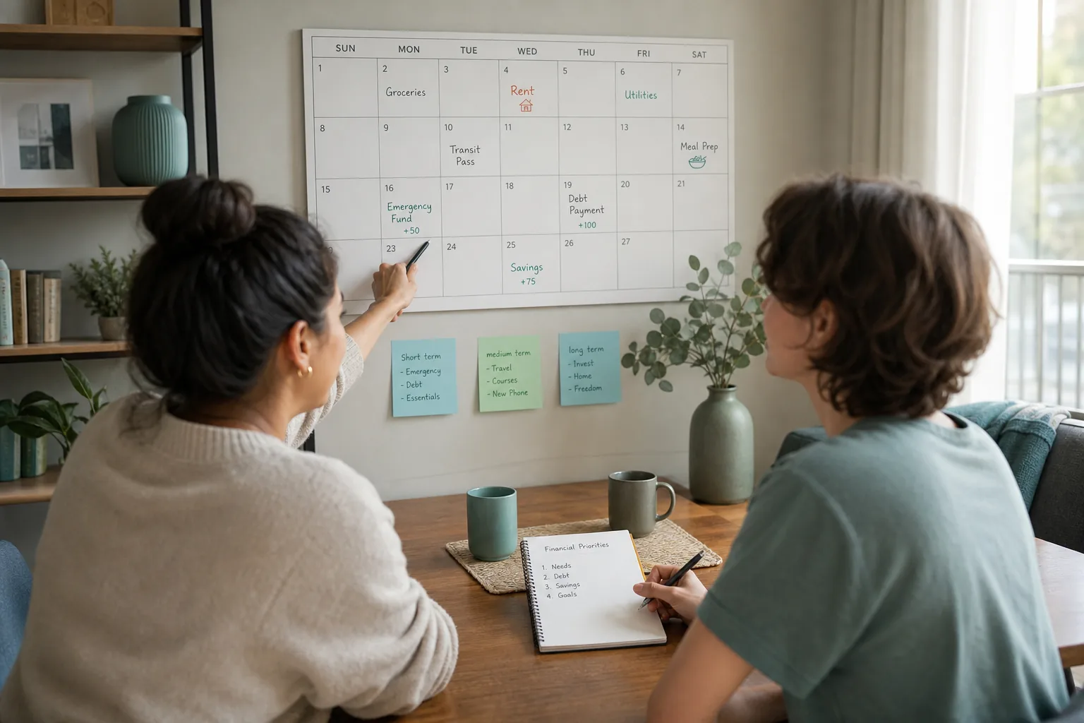 Roommates discussing financial priorities with a wall calendar.