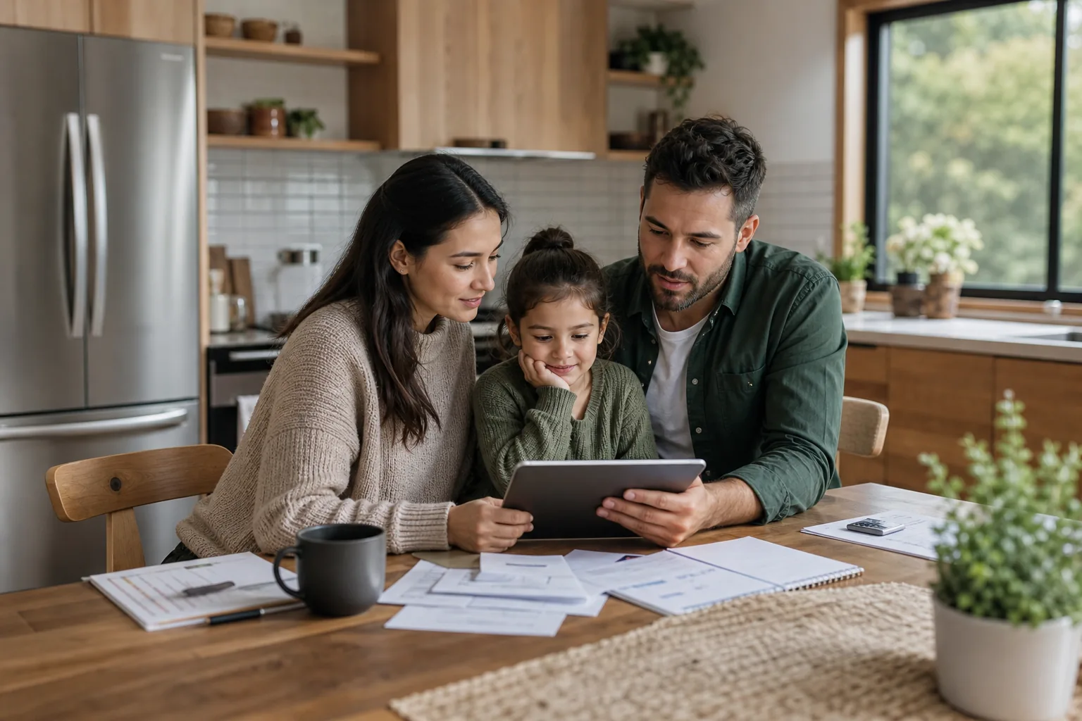 Canadian family planning their budget in a modern kitchen.