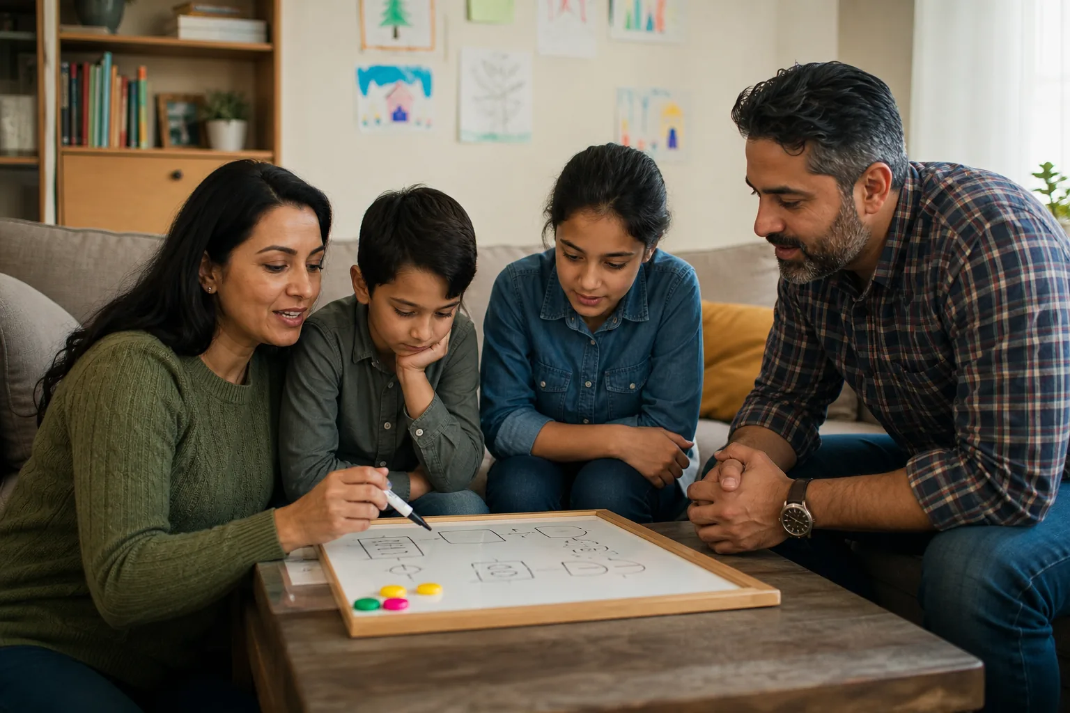 Family discussing weekly budget plan in a cozy room.