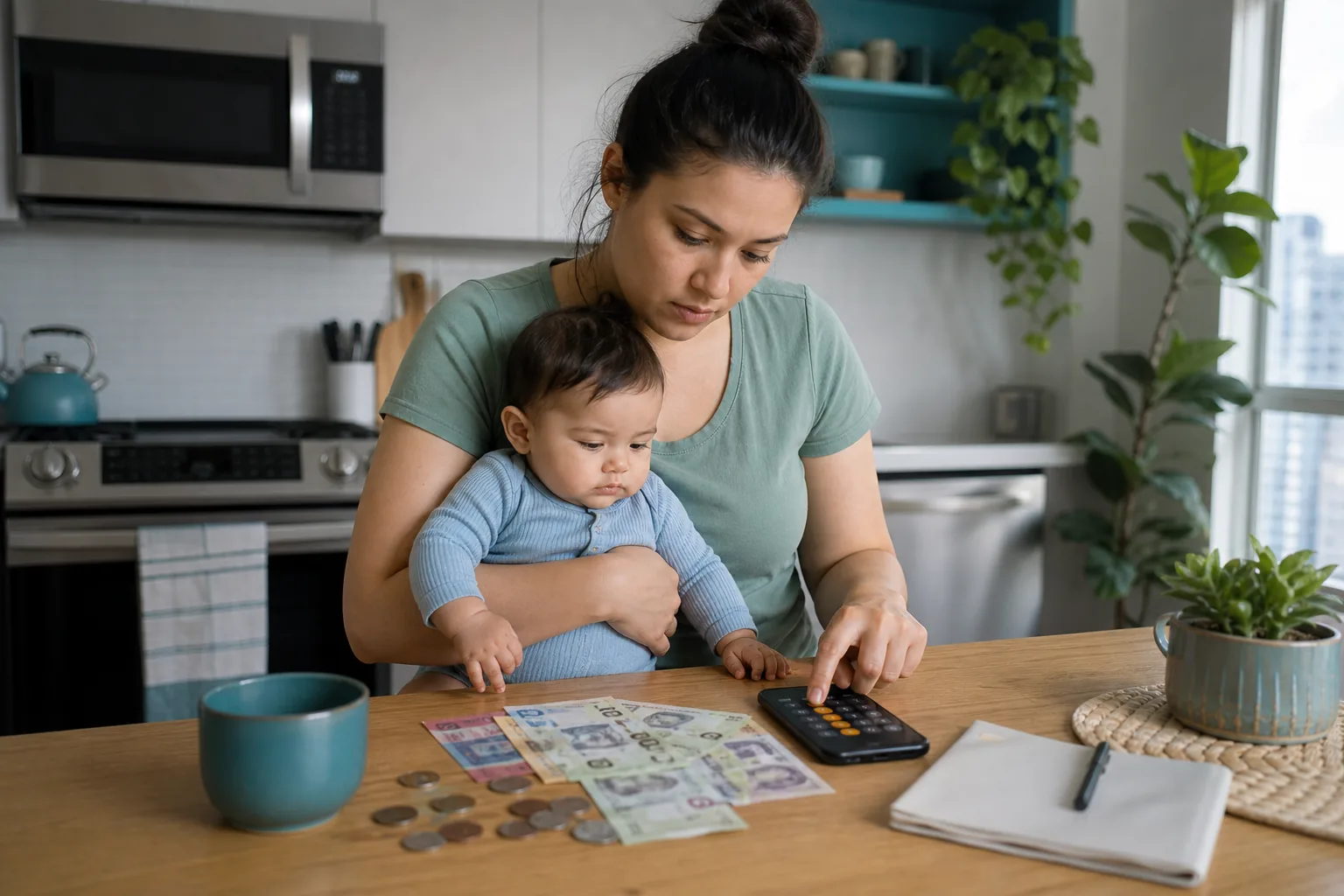 Single Canadian parent budgeting with baby in a modern kitchen.