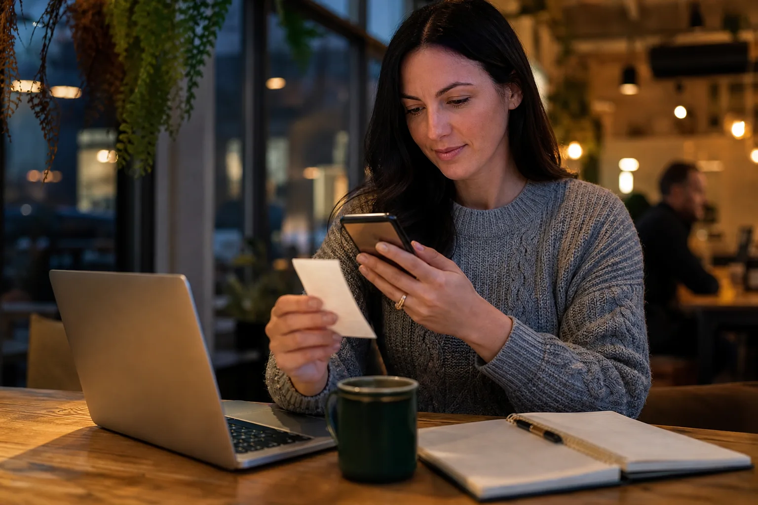 Canadian woman photographing receipt in coffee shop with laptop.