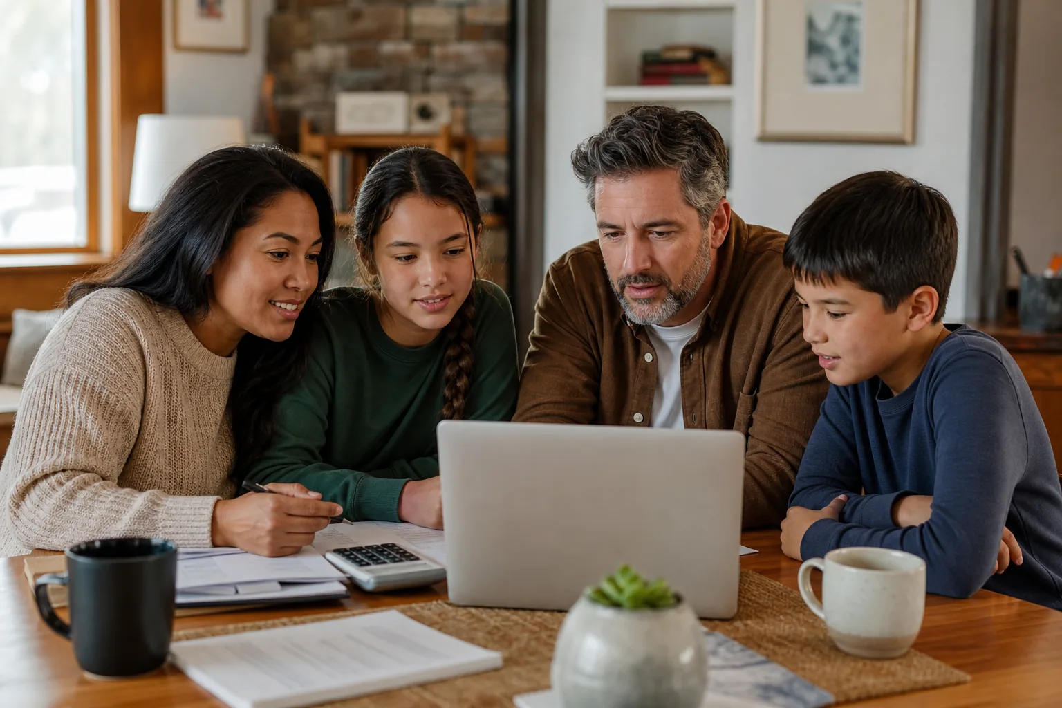 Famille canadienne planifiant le budget ensemble dans le salon.