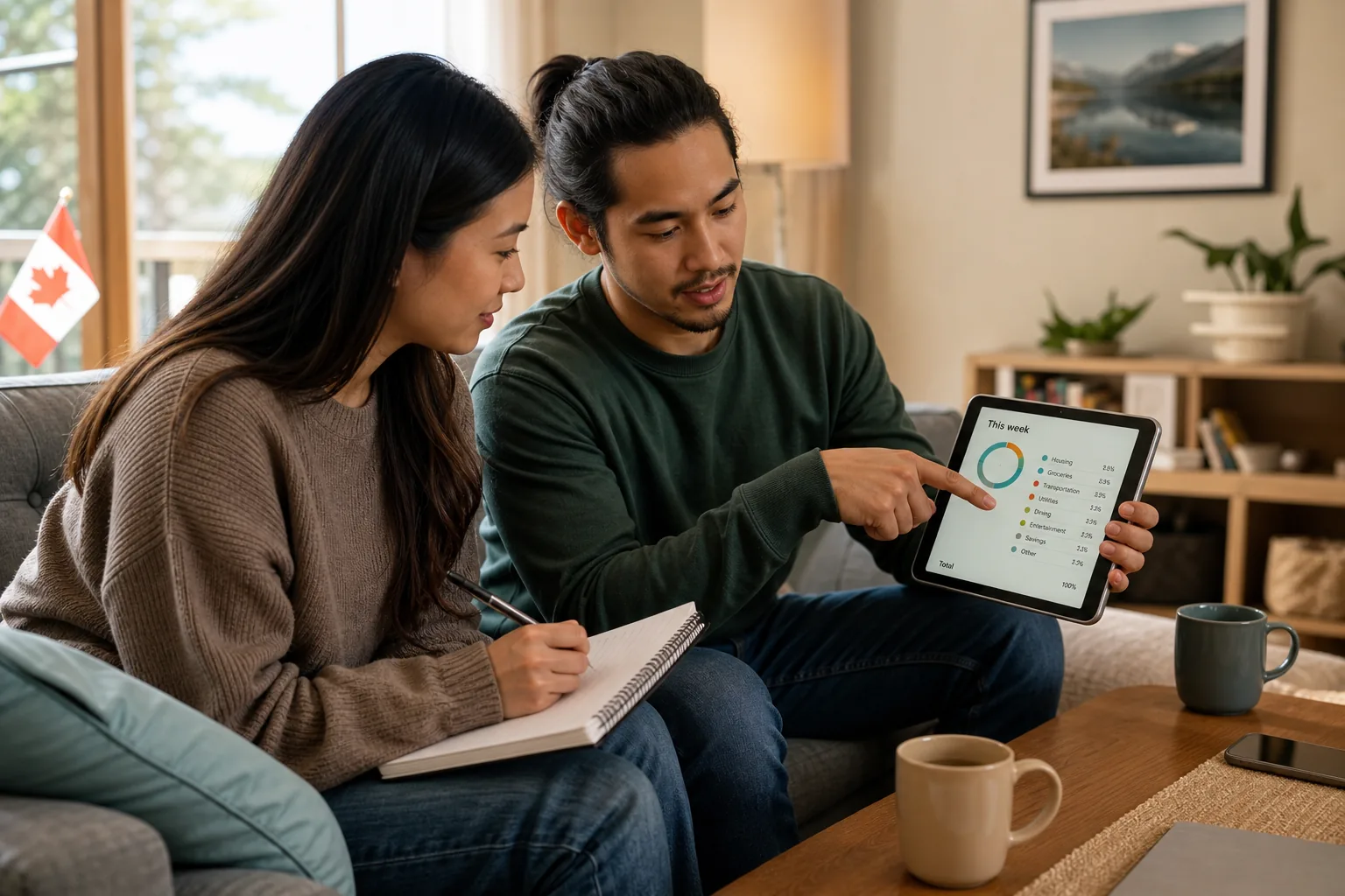 Canadian couple planning their weekly budget with a tablet and notepad.