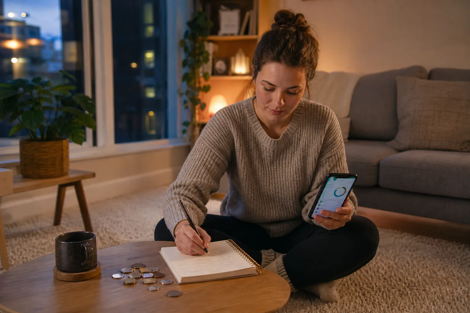 Young adult tracking expenses with CAD coins and notebook in a cozy room.