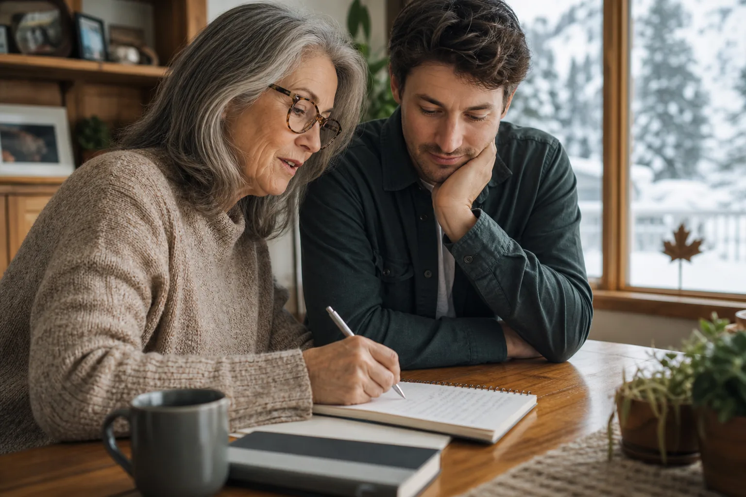 Older parent and adult child planning finances in a Canadian home office.