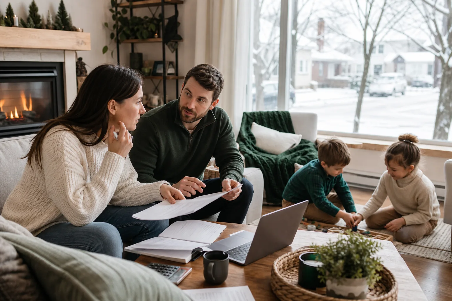 Canadian family discussing finances in a cozy living room with a snowy street view.