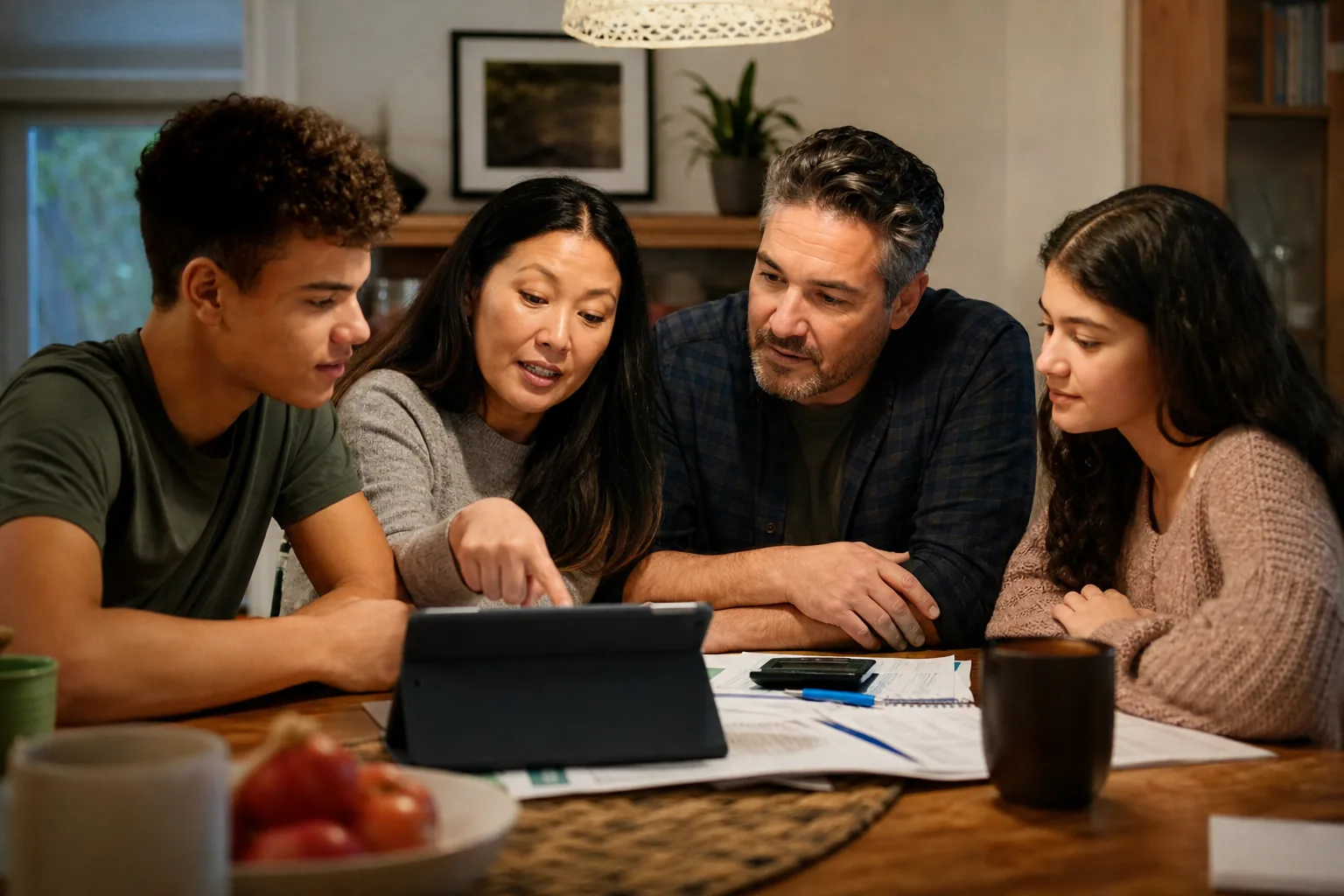 Family discussing financial planning at home with a tablet.