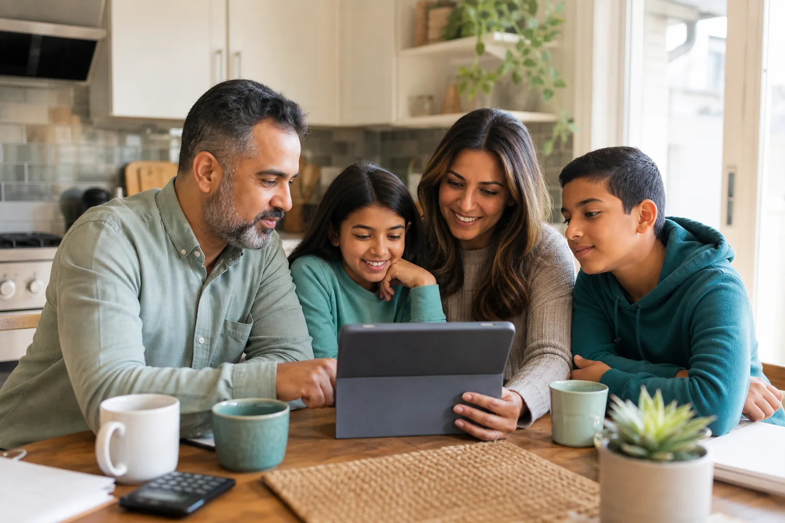 Family reviews budget app on a tablet at their kitchen table in Canada.