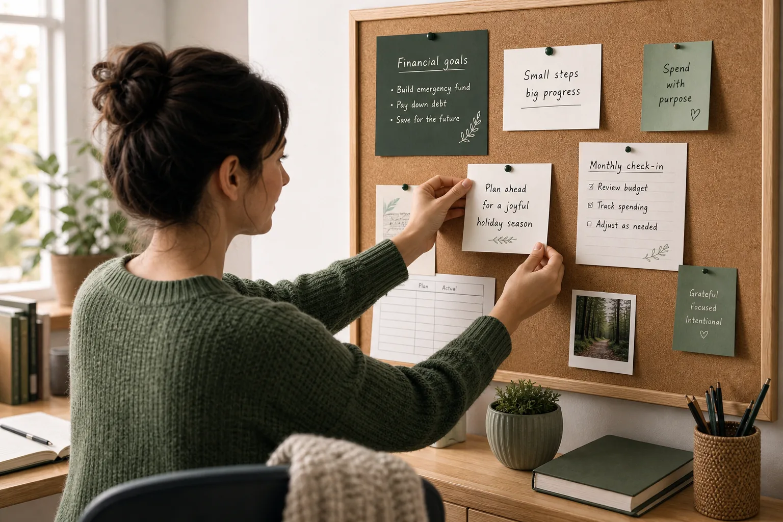 Person pinning a holiday budgeting note on a bulletin board in a home office.