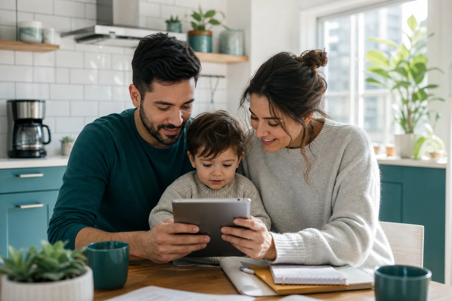 Young Canadian family reviewing budget app in their kitchen.