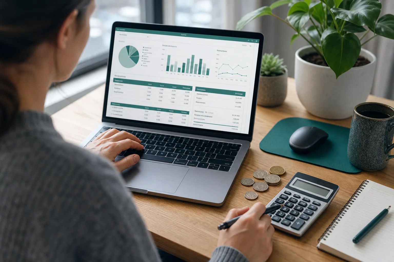 Personne utilisant un outil de planification budgétaire sur un ordinateur portable dans un bureau à domicile.