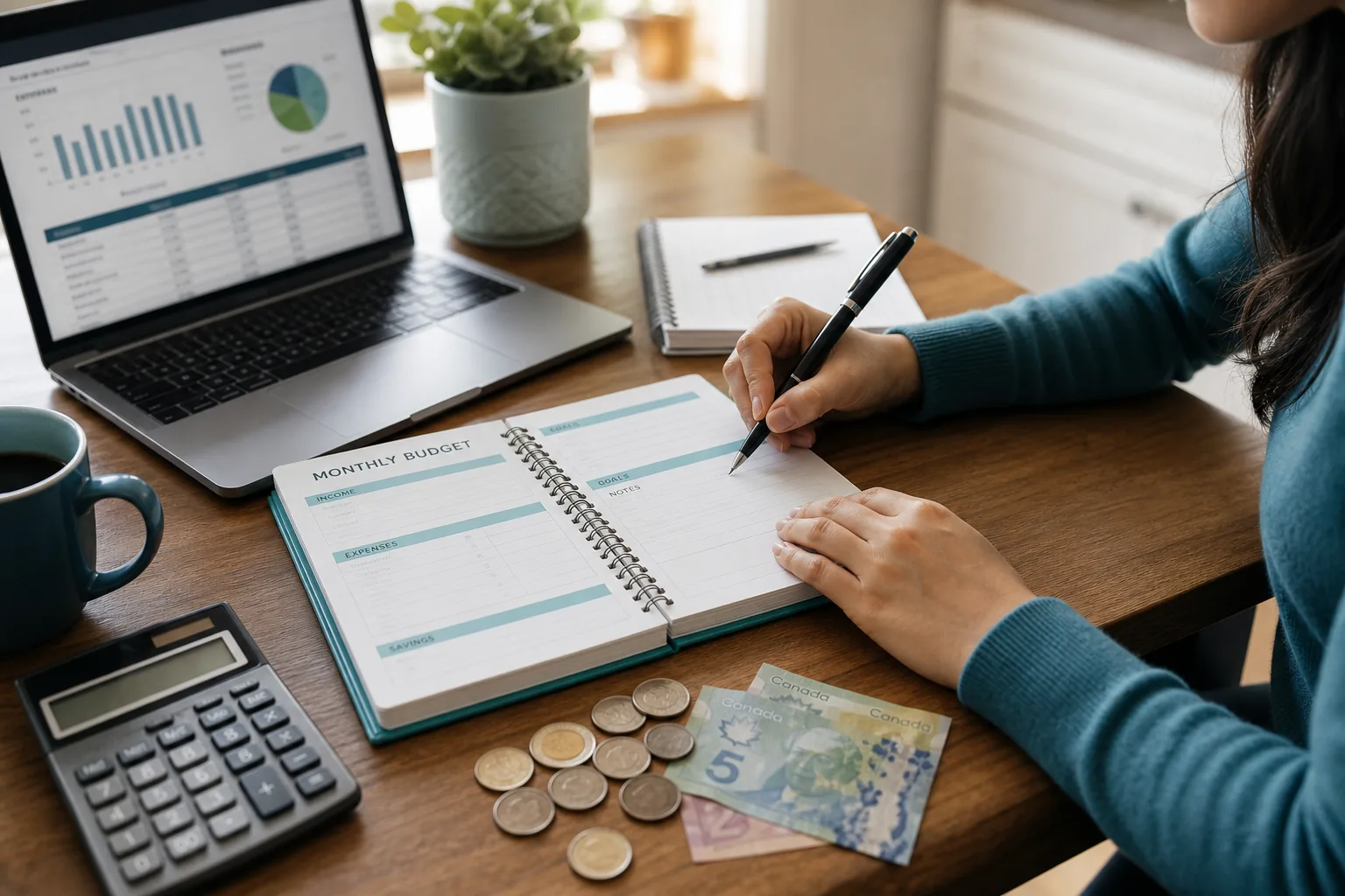 Person using a budgeting planner with Canadian coins on a table.