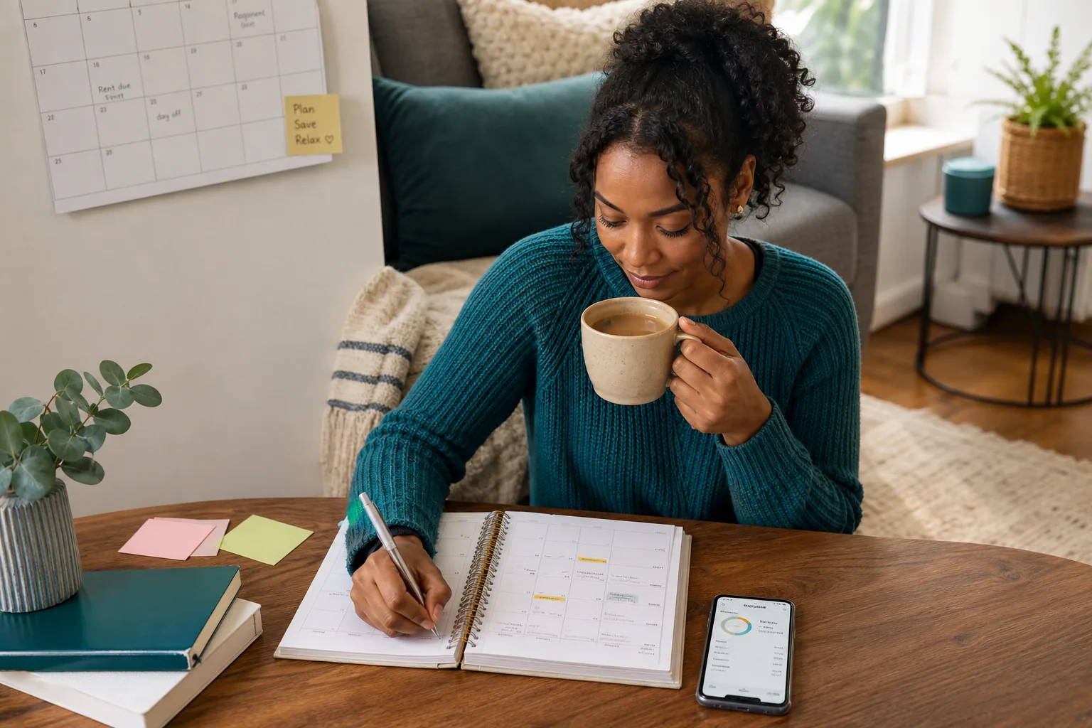 Woman planning finances with a calendar and planner.