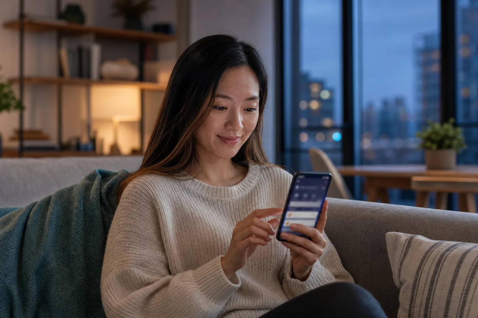 Woman checking banking app on smartphone in modern apartment.