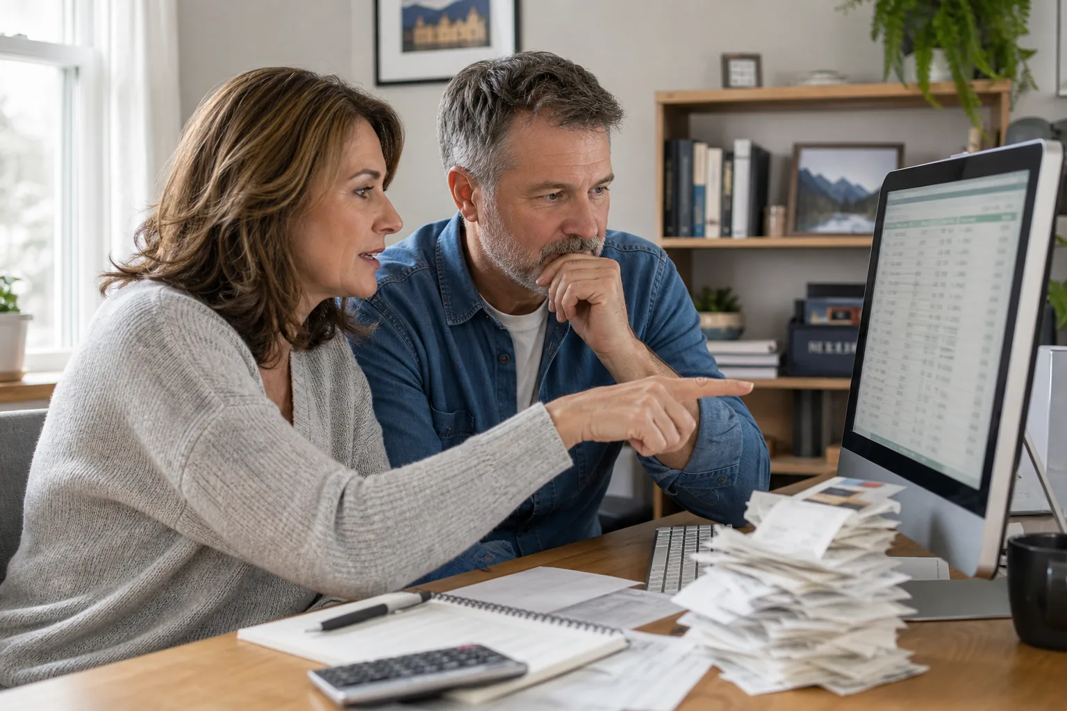 Middle-aged couple discussing budget on a computer in a home office.