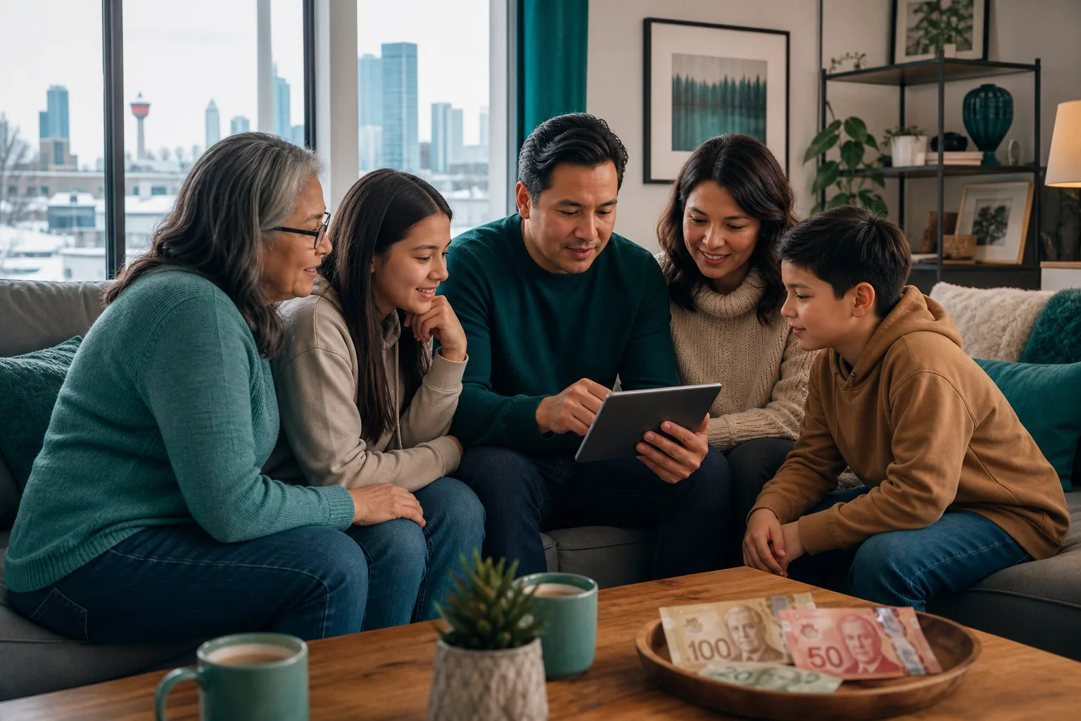 Diverse Canadian family discussing finances in living room