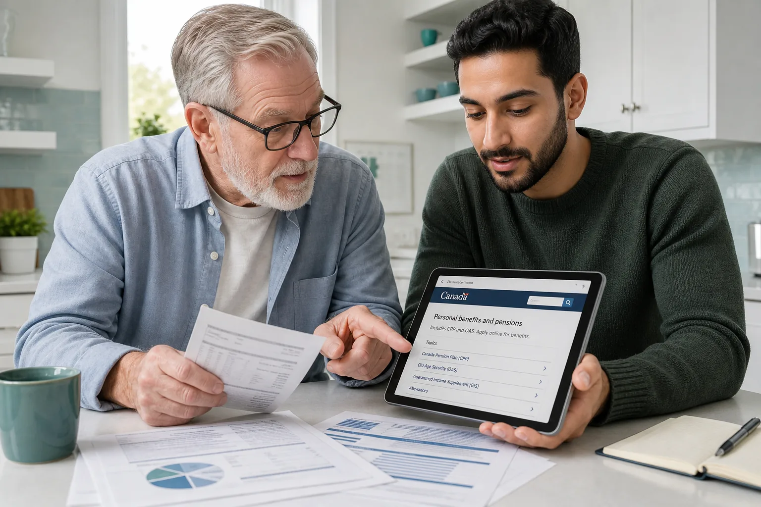 Man and young adult reviewing financial documents in a kitchen.