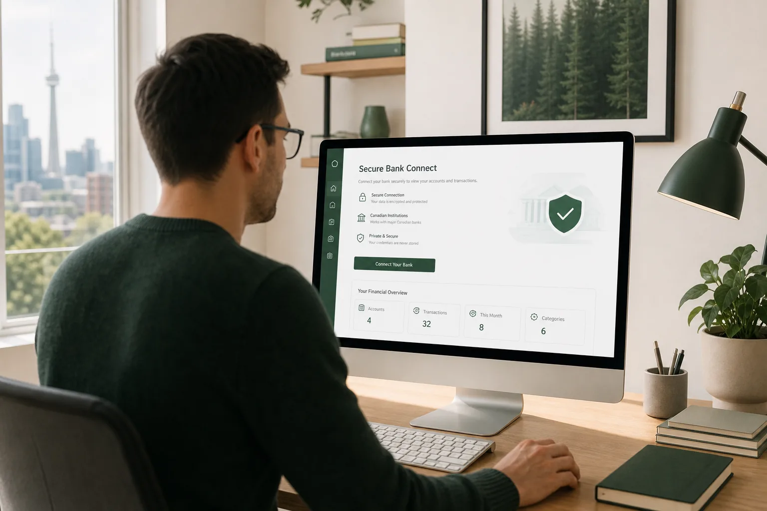 Professional using secure banking tools on a computer in Canada.