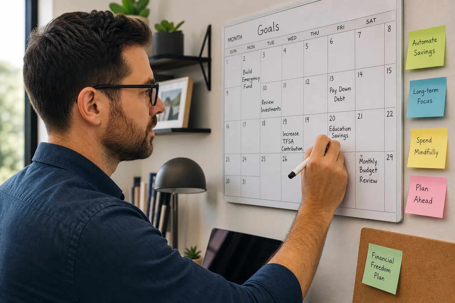 Professional planning financial tasks on a wall calendar in home office.