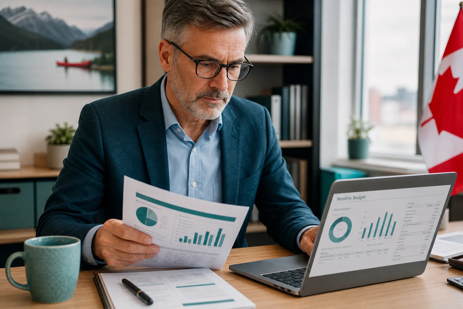 Professionnel canadien examinant des documents financiers avec un outil budgétaire.