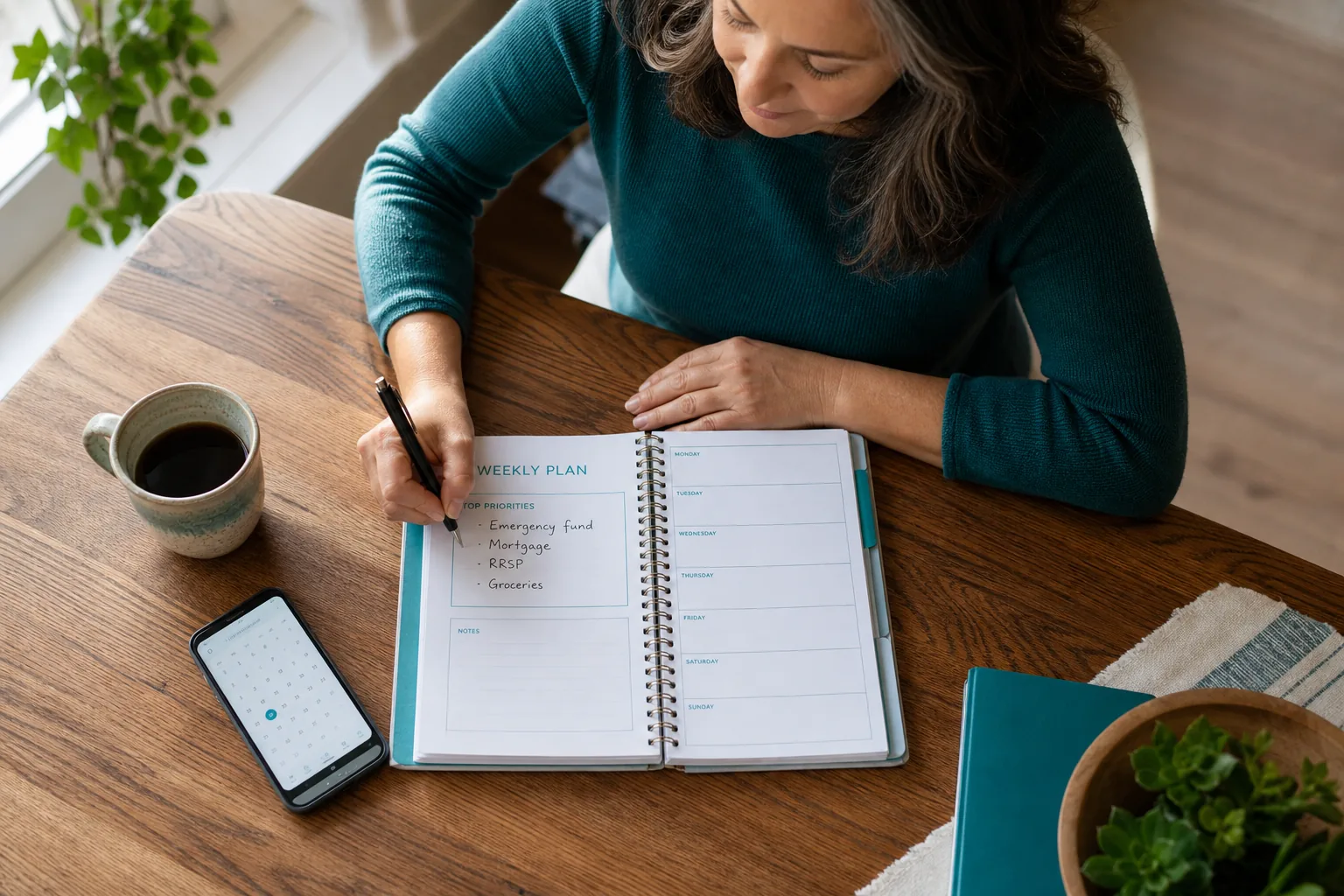 Middle-aged woman planning weekly financial priorities at a dining table.
