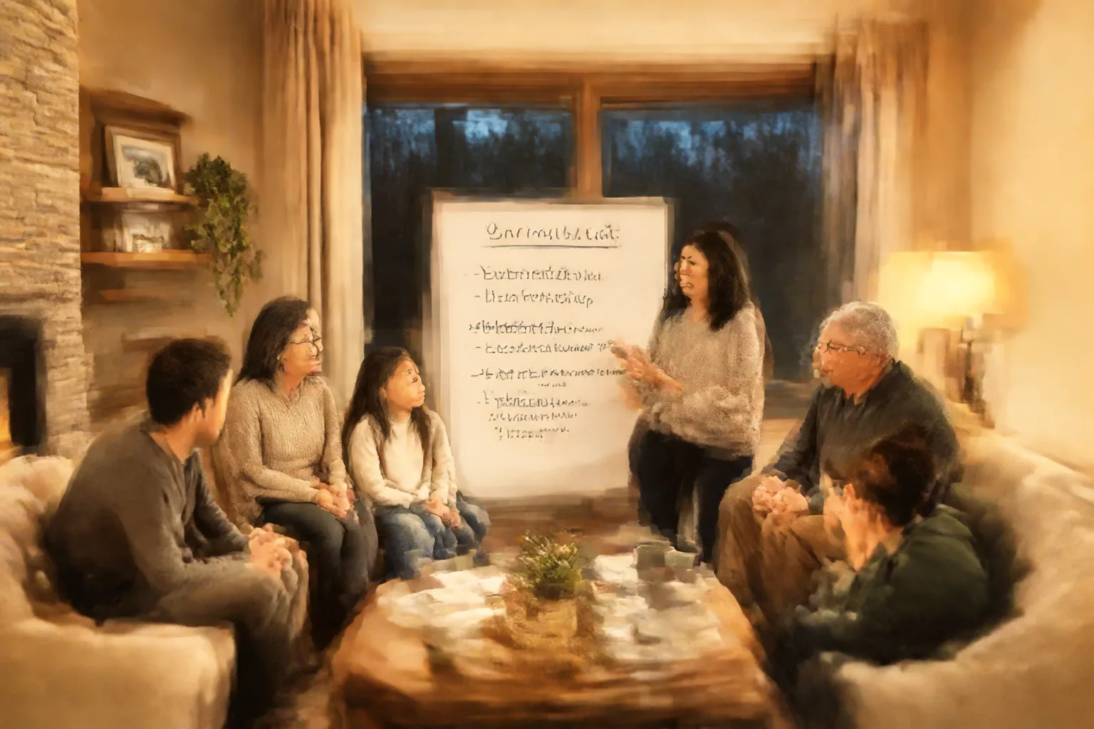 Family discussing financial goals with a whiteboard in a cozy Canadian home